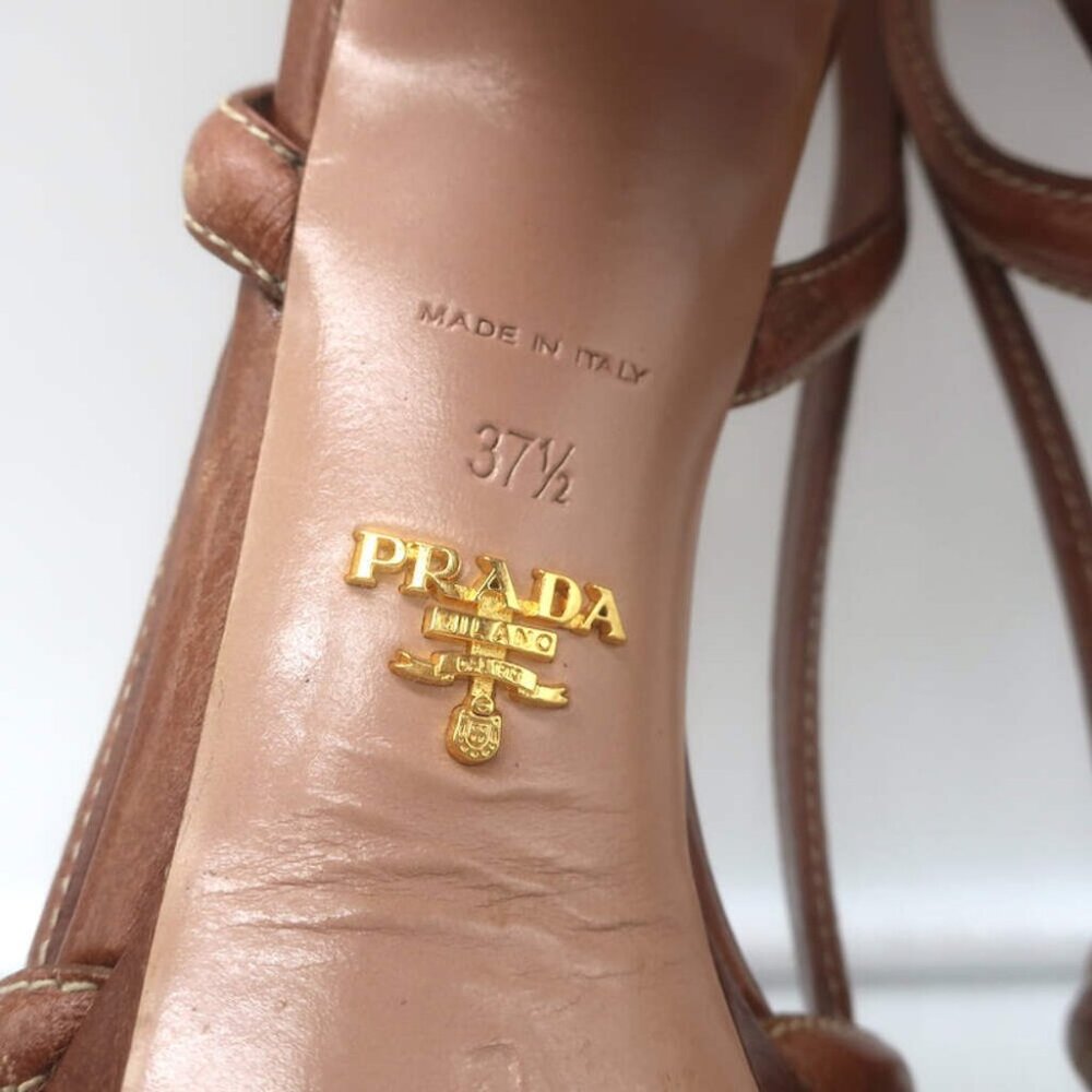Prada Slingback Bow Sandals Brown Leather Size 37.5 Open Toe Platform Heels - Picture 16 of 16